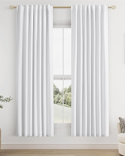 Guken White Linen Blackout Curtains 52 Inch Wide by 70 Inch for Living Room Bedroom Back Tab Thermal Insulated 100% Black Out Linen 2 Drapes Room Darkening Window Curtains Pure White