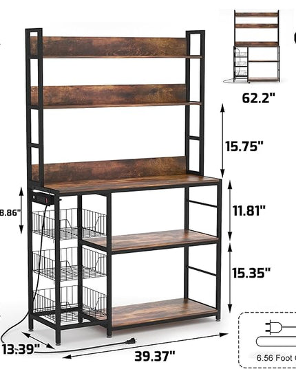 Baker Rack with Power Outlet,5-Tier Kitchen Utility Storage Shelf with Hooks,Microwave Oven Stand with Storage,Kitchen Shelf with Basket，Rustic Brown