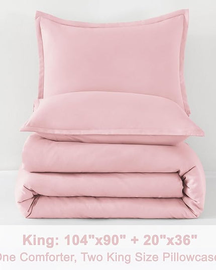 Litanika Pink Comforter Set King Size, 3 Pieces Aesthetic Soft Solid Bedding Comforter Set, All Season Bed Set (104x90In Comforter & 2 Pillowcases)