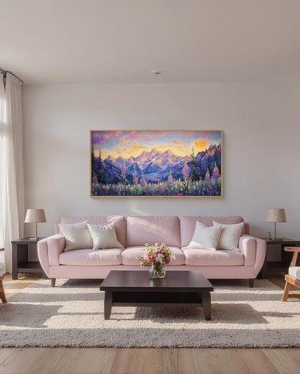 HOURIA Purple Sunset Mountain Landscape Framed Canvas Wall Art Set,Nature Pine Tree Wildflowers Wall Decor,Golden Sunlight Wall Painting,Modern Field Art Prints for Living Room, Bedroom-20 x40 x1
