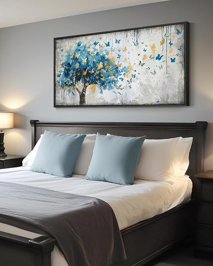 Framed Large Tree Wall Art, Blue and Gold Abstract Tree of Life Canvas Painting Print Artwork for Walls, Modern Golden Butterfly Picture for Living Room Bedroom Dining Room Hallway Wall Decor, 20x40