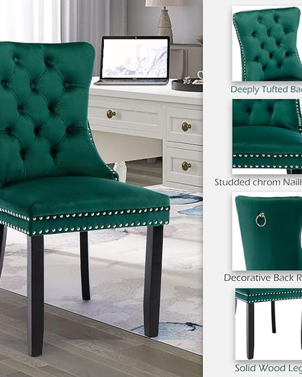 SoarFlash Velvet Dining Chairs Set of 2, Tall Back Side Chair, Modern Upholstered High-end Tufted Side Chair with Button Back Ring, Solid Wood Legs (Green)