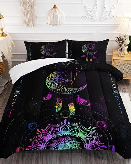 AILONEN Moon Comforter Set Queen Size, Black Galaxy Bohemian Bedding Set,Celestial Bedding Mandala Bed in a Bag Duvet Set,Colorful Starry Comforter Sets 3 Pieces, 1 Quilt and 2 Pillowcases