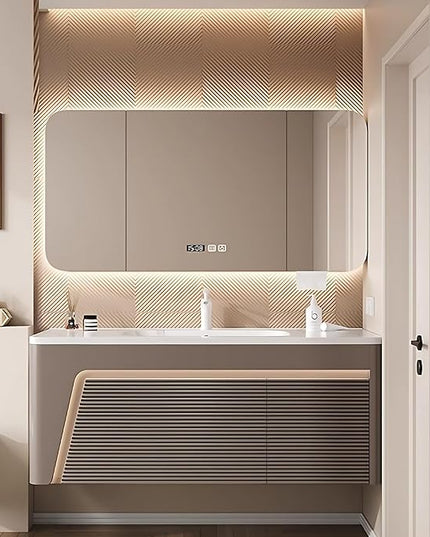 40IN Modern Bathroom Vanity - Floating Bathroom Vanity with Sink with Rounded Corner Smart Mirror Cabinet & Smart Defogging | Wave Panel Design & Large Storage Space