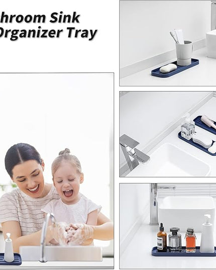 Silicone Kitchen Sink Organizer Tray for Multiple Usage,Eco-Friendly Sponges Holder for Kitchen Bathroom Counter or Sink,Dish Soap Dispenser,Scrubber,Bottle,Cup (Navy Blue, 12"×4")