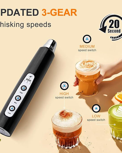 YUSWKO Handheld Milk Frother Wand for Coffee, Rechargeable Electric Whisk with 3 Heads 3 Speeds Drink Mixer Coffee Frother For Latte, Cappuccino, Hot Chocolate, Egg (Without Stand, Light Black)