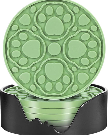 6 Pack Green Silicone Coasters with Holder, 4 Inches Non-Slip Decorative Coaster for Tabletop, Desk Dishwasher Safe Cup Mat for Bar, Drinks, Beer, Coffee
