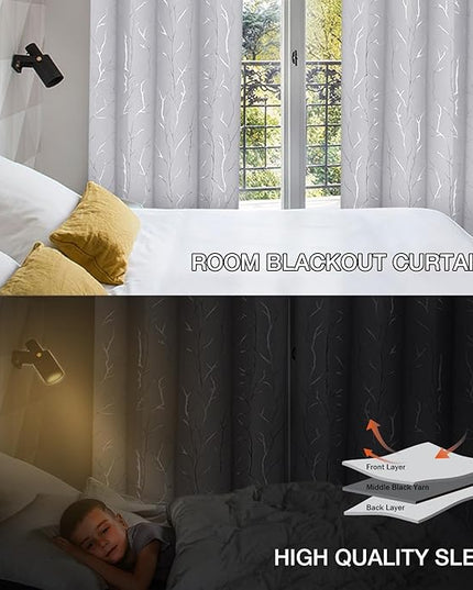 BUHUA White Curtains 95 Inches Long, Blackout Curtain Panels - Long Drapes, Thermal Insulated Window Curtains with Silver Tree Branches Print, 52W x 95L, Greyish White, 2 Panels