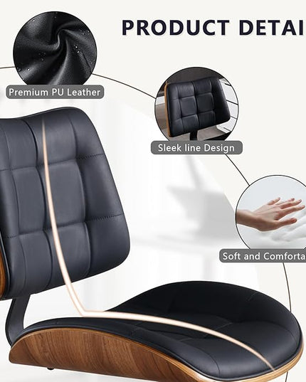 Home Office Desk Chair with Wheels, Adjustable Height Armless Office Chair, PU Leather Mid Back 360° Small Computer Chair, Modern Walnut Chair No Arms for Office, Reading Meeting Room(Black)