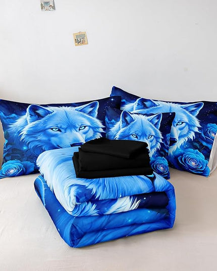 Bedbay Wolf Comforter Set Queen Size Rose Floral Bedding Set Blue Galaxy Sky Wolf Print Queen Bed in a Bag Set Boys Teen Room Decor Wild Animal Bedding Comforter Set with Sheets (Wolf,Queen)