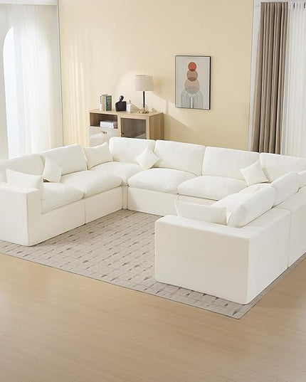 155''Cloud Boneless Sectional Couch, Modular Sectional Sofa Deep Seat, Oversized Upholstered Convertible Comfy 8 Seater Chenille Memory Foam Sofa U Shape Couches for Living Room, Beige
