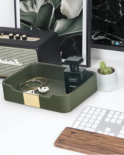 SANZIE Luxury Leather Tray Desktop Storage Catchall Organizer Decorative Tray for Entryway Table to Hold Jewelry Watch Keys Phone Wallet (Metal Glided, Dusty Green)