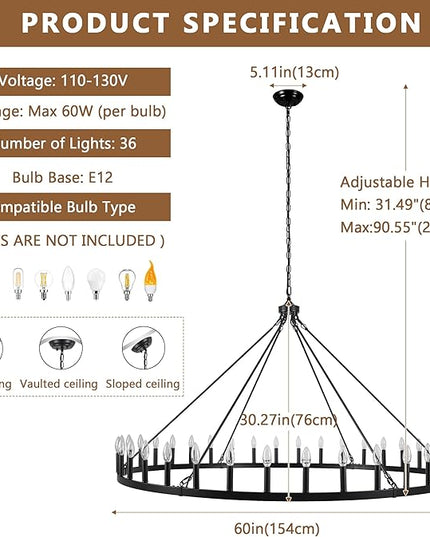 Black Extra Large Wagon Wheel Chandelier, 60 inch 36 Lights Farmhouse Chandelier, Industrial Candle Round Pendant Light Fixture for High Ceiling Living Room Dining Room Outdoor Porch Entryway Hallway