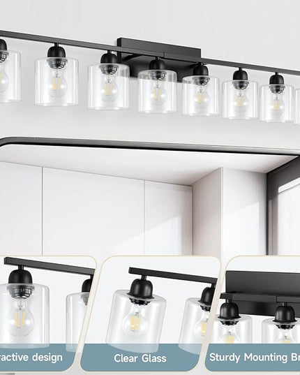 Modern 8 Light Bathroom Light Fixtures, 52 inch Vanity Lights for Bathroom with Clear Glass, Black Bathroom Light Fixture for Mirror Kitchen Living Room Hallway Cabinet Porch