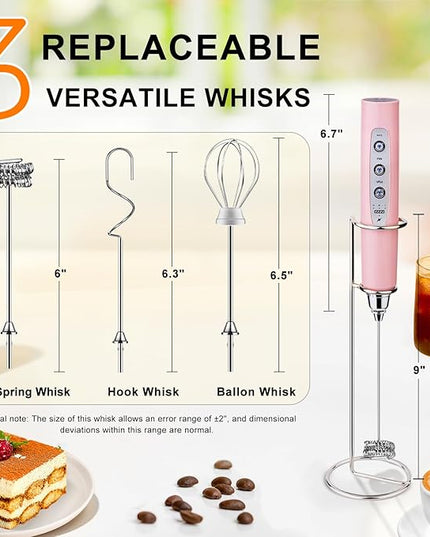 YUSWKO Pink Handheld Milk Frother Wand with Stand for Coffee, Rechargeable Electric Whisk with 3 Heads 3 Speeds Drink Mixer Coffee Frother For Latte, Cappuccino, Hot Chocolate, Egg