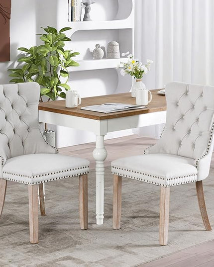 SoarFlash Linen Fabric Dining Chair Set of 2, Upholstered Tufted Dining Room Chair with Nailhead Trim and Solid Light Color Wood Leg for Kitchen (Beige)