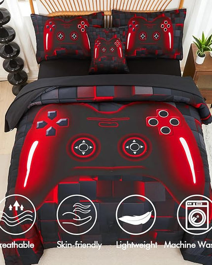 PERFEMET 6-Piece Boys Comforter Set Full Size Game Console Bedding Set for Kids Teen 3D Black and Red Gamepad Gaming Bed in a Bag Matching Sheet Set(Red, Full)