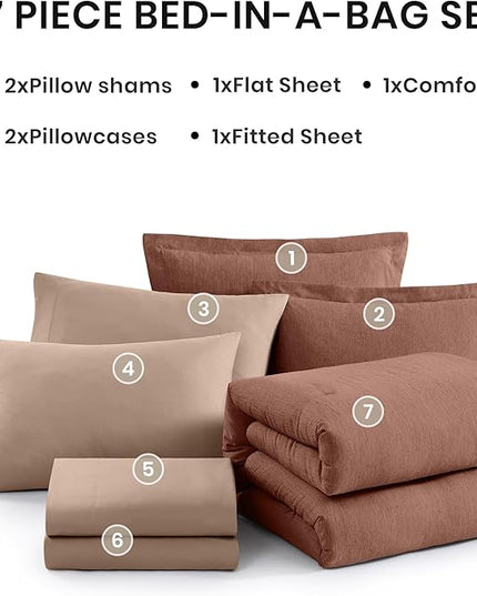 Monbix King Size Comforter Set, Terracotta King Size Bed Set Reversible, King Comforter Set 7 Pieces, Cationic Dyeing Bed in a Bag with Comforter, Sheets, Pillowcases & Shams