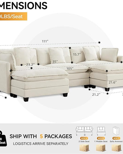 111'' Sectional Cloud Deep Seat Couch, Oversized Chenille U Shaped Sectional Sofa for Living Room Set, Comfy Upholstered Modular 5-Seats Sectional Sofa Couch with 2 Movable Ottoman, Beige