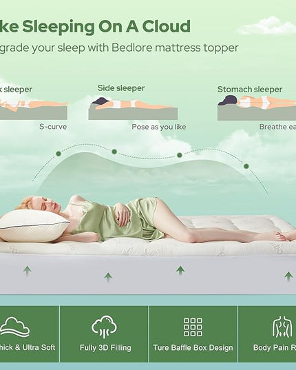 BEDLORE California King Mattress Topper Viscose Derived from Bamboo, Thick Pillow Top Mattress Pad with Stretchable Pockets for 6-18 inches Mattress, Soft Mattress Topper for Back Pain Relief