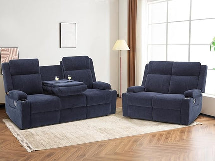 Manual Living Room Reclining Sofa Set, Comfy Chenille Loveseat Recliner Sofa & Deep Seat Reclining Couch, RV Wall Hugger Recliner Sofa Set for Living Room Furniture Sets(Blue)