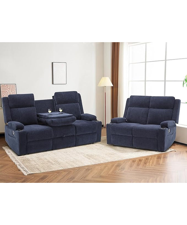 Manual Living Room Reclining Sofa Set, Comfy Chenille Loveseat Recliner Sofa & Deep Seat Reclining Couch, RV Wall Hugger Recliner Sofa Set for Living Room Furniture Sets(Blue)
