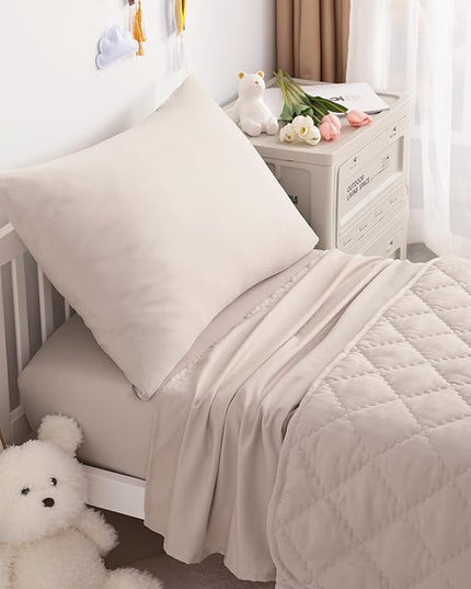 NTBAY Toddler Bedding Set - 4 Piece Soft and Breathable Crib Bedding Set for Boys and Girls, Includes Quilted Comforter, Fitted Sheet, Flat Top Sheet and Envelope Pillowcase, Taupe