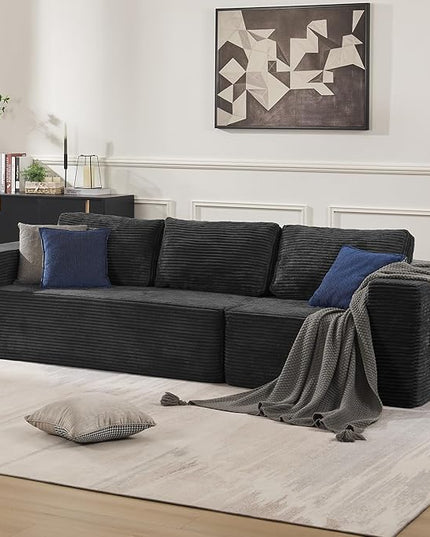 106" 3-Seater Sofa, Cloud Modular Sofa with Certified Foam, Upholstered Floor Sofa with Deep Seat, Upholstered Sofa for Bedroom Living Room, No Assembly Required (Plush Corduroy Fabric, Black)