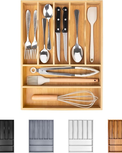 Bellsal Bamboo Silverware Drawer Organizer, Kitchen Utensil Drawer Organizers, 12"x15.7" Utensils Holder Cutlery Tray with Grooved Drawer Dividers for Kitchen Flatware Bedroom Office(7 Slot, Natural)