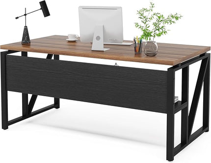 Tribesigns 55 inches Computer Desk with Bottom Storage Shelf Home Office Desk Writing Table for Workstation, Dark Walnut + Steel Leg, Cabinet not Included (Walnut, 55-inch -with Shelf)