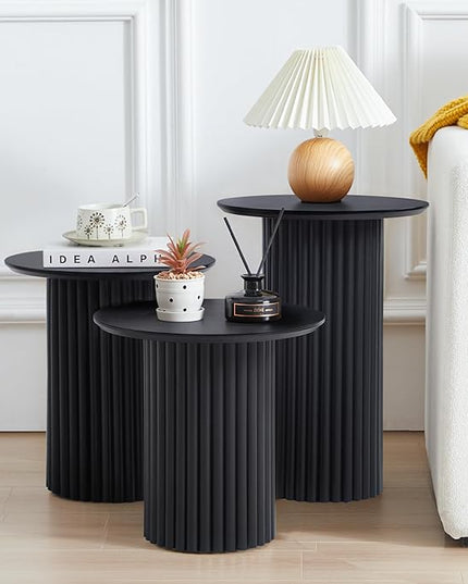 Round Nesting Coffee Table Set of 3,Mid Century Modern Fluted Coffee and End Table Set,Small Circle Wooden Side Table Drink Table for Living Room (Black)