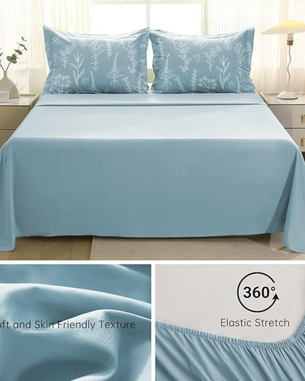 MUXHOMO Mineral Blue Bed in a Bag King 7 Pieces, King Comforter Set Reversible Botanical Flowers Design, Ultra Soft & Breathable Bedding Sets with Comforter, Sheets, Pillowcases & Shams