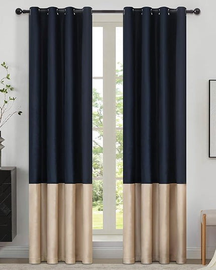 BULBUL Color Block Window Curtains Panels 84 inches Long Navy Blue Champagne Velvet Farmhouse Drapes for Bedroom Living Room Darkening Treatment with Grommet Set of 2