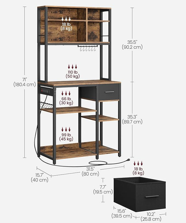 VASAGLE Bakers Rack with Charging Station, Coffee Bar, 15.7 x 31.5 x 71 Inches, Kitchen Microwave Stand, Adjustable Storage Shelves, Fabric Drawer, 12 Hooks, Rustic Brown and Ink Black UKKS015K01