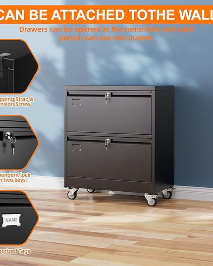 METAN Upgrade 2 Drawers Lateral File Cabinet on Wheels,Steel Office Filing Storage Cabinet with 2 Locks,Assembly Required,Black