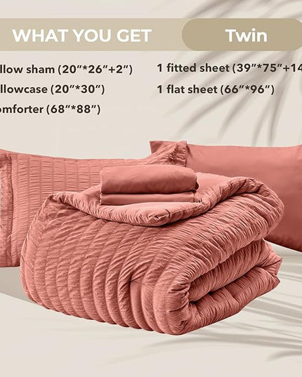 HYMOKEGE Coral Twin Comforter Set Seersucker 5 Pieces, All Season Luxury Bed in a Bag for Bedroom, Bedding Set with Comforter, Sheets, Pillowcase & Sham