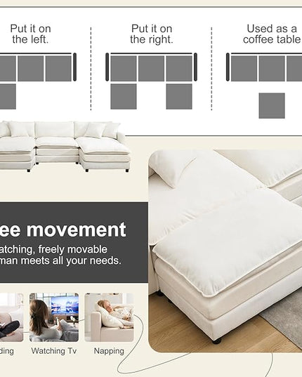 U-Shaped Modular Sectional Sofa Set with Ottomans - 108" Modern Corduroy Cloud Couch for Living Room (3-Seater + 2 Movable Ottomans + 3 Pillows) - Chenille Fabric in Beige