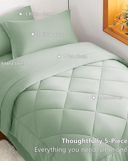 CozyLux Twin XL Comforter Set Sage Green - 5 Pieces Twin Extra Long Bed in a Bag for College Dorm, All Season Bedding Set for Girls and Boys, Soft Bed Set with Comforter, Sheets, Pillowcase & Sham