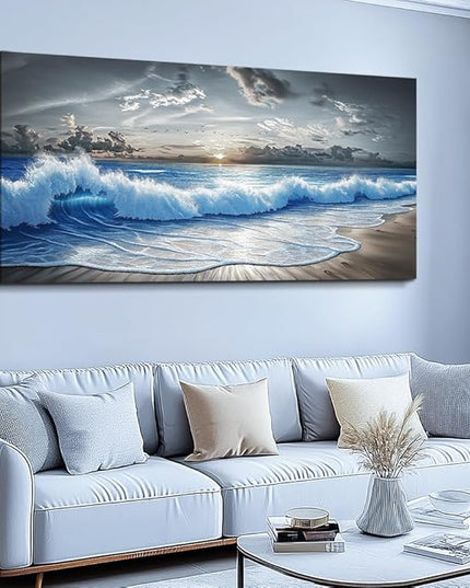 PHAOHUAXM Large Canvas Wall Decor For Living Room Wall Art For Bedroom Office Dining room Decor Modern Black White And Blue Ocean Wave Painting Printed Artworks Wall Pictures Home Decor 24"X48"