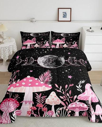 Mushroom Kids Comforter Set Full Size,Sun Moon Starry Sky Planet Romantic Bedding Set,Boys Girls Adults Room Decor,Plants Leaves Boho Trippy Down Comforter,Pink Dreamy Duvet Insert,2 Pillowcases
