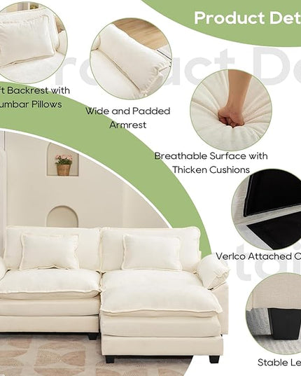 86" Modular Sectional Sofa, Comfy Cloud Couch Sectional Sofa with Ottoman, Chenille Sofa Sleeper Deep Seat Sofa with Throw Pillows for Living Room (Beige White, 86"- L Shape)