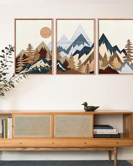 HOURIA Mid Century Mountain Woodland Framed Wall Art Set,Boho Sunrise Pine Tree Wall Decor,Wilderness Nature Forest Artwork,Modern Woodcut Field Art Print for Living Room,Bedroom,Office- 24"x36"x3