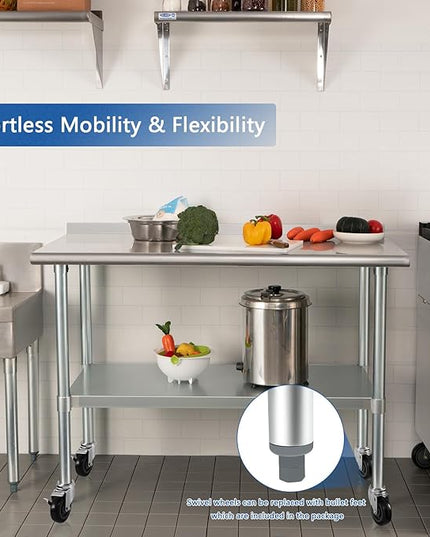 HARDURA Stainless Steel Table 30 x 48 Inches with Wheels Casters NSF Heavy Duty Commercial Prep Table with 2” Backsplash and Adjustable Undershelf for Restaurant Kitchen Home and Hotel
