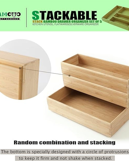 Stack Bamboo Drawer Organizer Set of 5, Kitchen Utensil, Flatware&Silverware Organizer-Wood Laminated Stackable for Kitchen, Bedroom, 13.4''x4.5''*2+10.2''x3.3''*2+10.2''x6.7''*1
