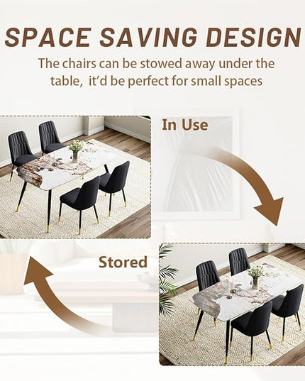 Table and Chairs Set of 4, Dining Room Table Set for 4, Sintered Stone Kitchen Table Top and Modern Chairs Set of 4 for Kitchen Dining Room