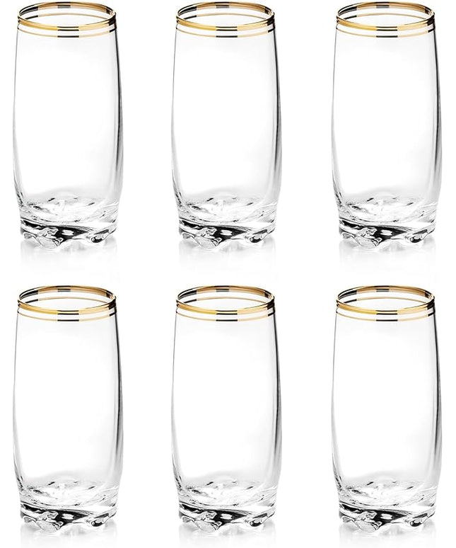 13.25 Oz Gold Glass Cup (Set of 6) - Elegant Drinking Glasses with Gold Accented Rim, Durable Glassware for Entertaining, Dining, Everyday Use - Ideal for Cocktails & Beverages