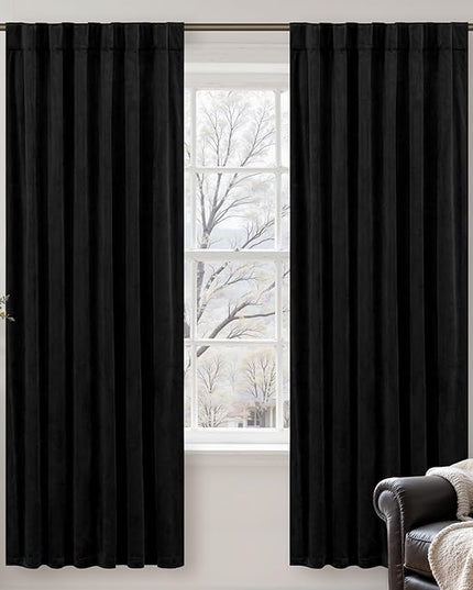 LAMIT Halloween Black Velvet Curtains for Bedroom 72 Inch, Luxury Thermal Room Darkening Drapes Back Tab and Rod Pocket Privacy Blackout Panels for Movie Theater, 2 Panels, 52 x 72 Inch