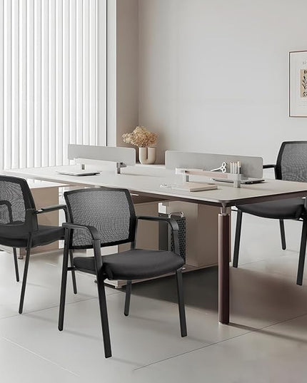 CLATINA Mesh Back Stacking Arm Chairs with Upholstered Fabric Seat and Ergonomic Lumbar Support for Office School Church Guest Reception Black 8 Pack Set New Version