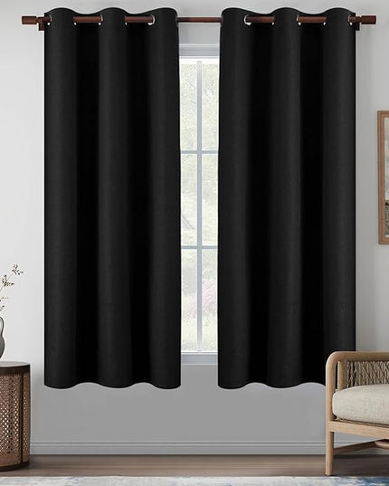 Black Full Blackout Curtains 64 Inch Length for Bedroom Dining Room, Faux Linen Textured Heat Blocking Thermal Insulated Anti-Rust Grommet Small Window Curtains, Black, W37 x L64, 2 Panels