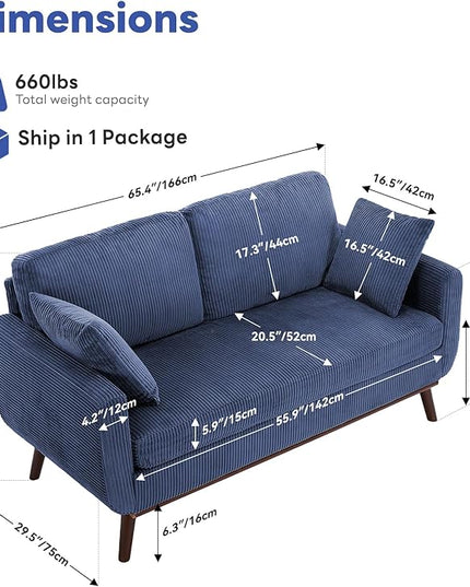 Tbfit Corduroy Couch for Living Room, Mid Century Modern Sofa with Spring Cusions for Bedroom,Comfy Upholstered Couches Easy Assembly with Solid Wood Legs & 2 Pillows (Blue, 65inch)